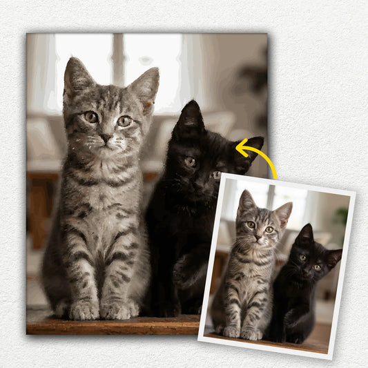 image of before and after for a custom paint by numbers kit painting with cats