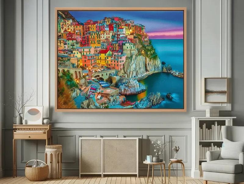 framed artwork displaying the rich pigments painting by number kits and their premium quality acrylic paints. the image features a city of different colors and the preservation of vivid colors of the art work