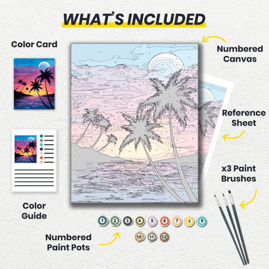 Product bundle with numbered canvas, paint pots, color card, and reference sheet on a white background.