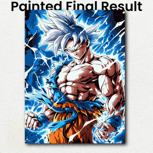 Super Saiyan character with blue energy effects on a white background