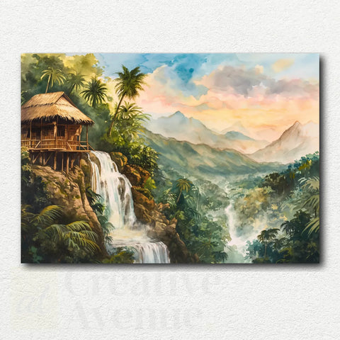 Wooden Hut by the Falls