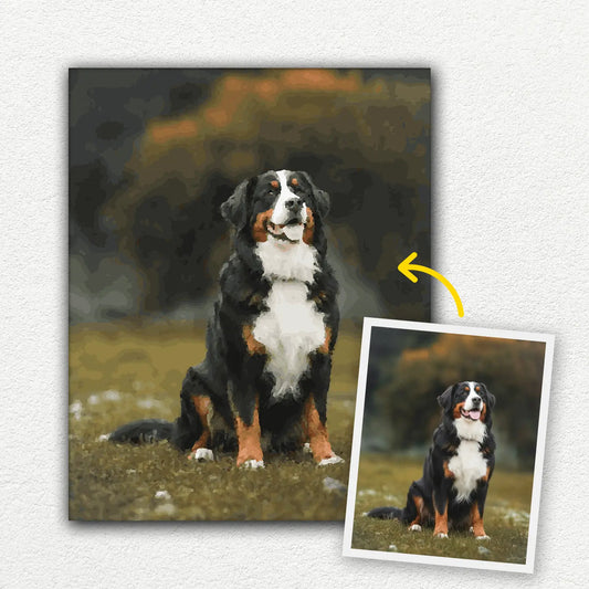 image of before and after for a custom paint by numbers kit painting with dogs.