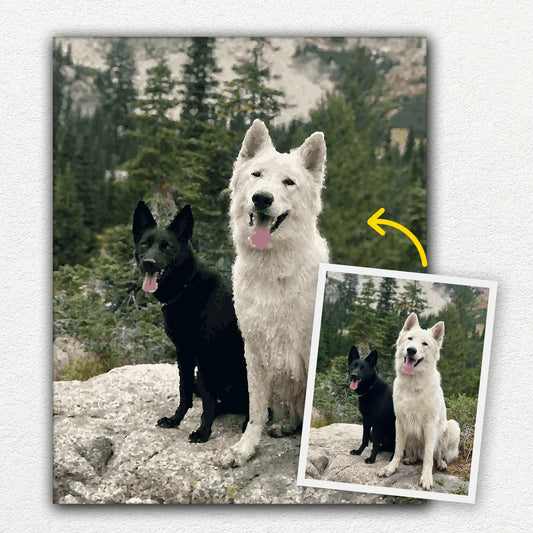 image of before and after for a custom paint by numbers kit painting with dogs.