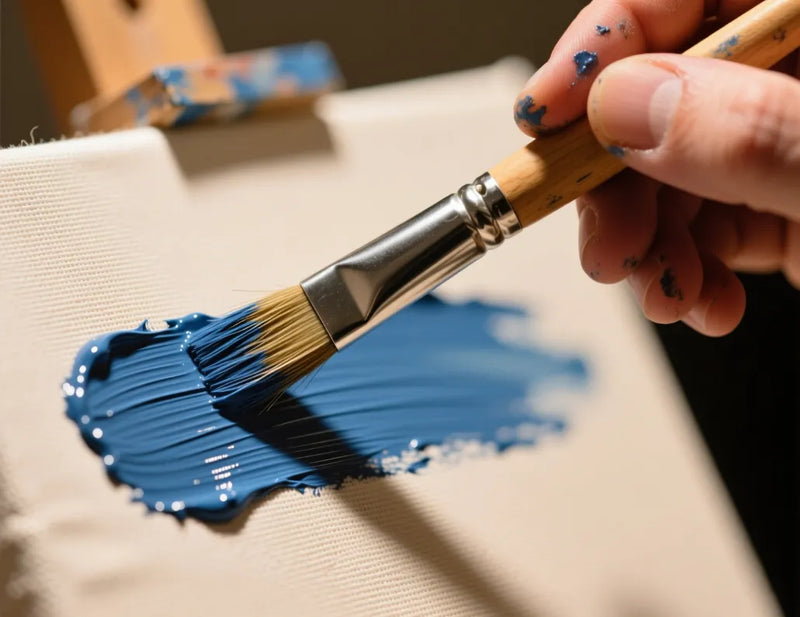 hand holding a painting brush painting with blue color on a paint by numbers canvas that's is made from smooth linen for an artist like experience while painting your color by numbers kit for adults