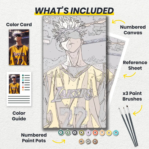 Product bundle with numbered canvas, paint pots, color card, and reference sheet on a white background.