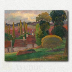 Paul Gauguin's A Farm in Brittany painting design showing rural farmhouses and colorful fields in post-impressionist style on a numbered canvas.