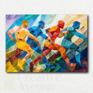 Colorful abstract figures playing soccer on a green field in a paint by numbers kit design with bold geometric shapes.