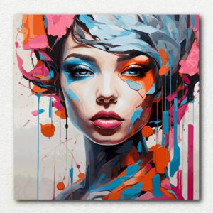 Abstract Beauty paint by numbers kit showing a colorful abstract portrait of a woman's face in bold blocks of pink, blue, yellow, red, black, white, and tan on a white background.