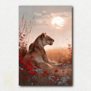 Painting design of a female lion lying in bushes in the African savannah, detailed paint by numbers kit scene.