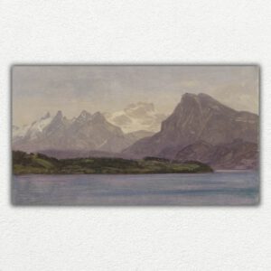 Digital painting design of the Alaskan Coast Range with glowing orange and yellow sunset clouds above snow-capped mountains and a reflective body of water.