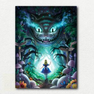 Original paint by numbers kit design showing Alice in a blue dress falling down a rabbit hole lined with books and clocks.
