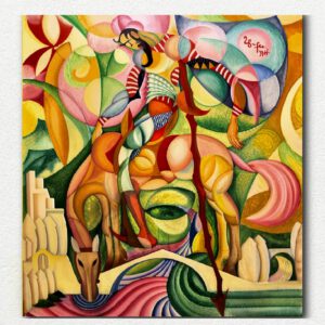 Abstract cubist-style painting Dom Quixote by Amadeo de Souza-Cardoso with fragmented colorful shapes in red, green, blue, yellow, and more.