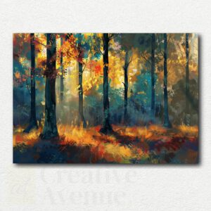 Digital image of Amber Woods Pathway paint by numbers kit showing a sunlit autumn forest path with amber and orange trees and numbered canvas guide.