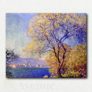 Claude Monet's impressionist painting Antibes Seen from the Salis Gardens showing town and sea framed by sunlit trees, as a paint by numbers design.