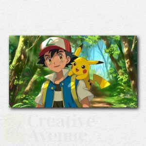 Original paint by numbers kit design showing Ash and Pikachu sitting together on a grassy field with numbered sections ready to paint.