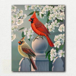 Realistic painting design of a bright red male cardinal and paler female cardinal perched on snowy winter branches in a paint by numbers kit.
