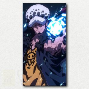 Paint by numbers kit image of Trafalgar Law from One Piece holding his sheathed sword over his shoulder with a grunge background.