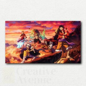 Paint by numbers design showing Luffy, Zorro, a kid, Big Mom, and Kaido preparing for battle in an anime style.