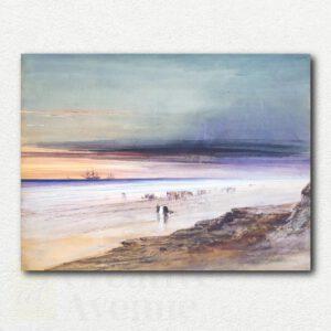 Painting design of James Hamilton's Beach Scene showing a wide beach with figures, small boats, and a cloudy sky over the sea.