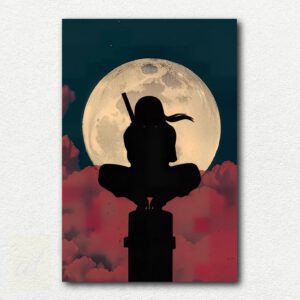 Painting design of Hitachi from Naruto standing on a pole with a red moon behind him in a dark night scene.