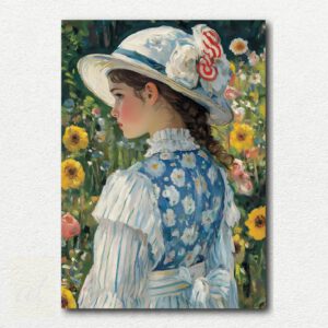 Impressionistic painting design of two women in vintage dresses and bonnets walking in a vibrant garden with pink, red, and purple flowers for paint by numbers.