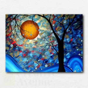 Modern abstract painting of a large blue and white stylized flower against a swirling black and grey background.