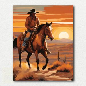 Lone Rider at Sunset paint by numbers design showing a cowboy silhouette on horseback against a vibrant orange, yellow, red, and blue sunset sky.