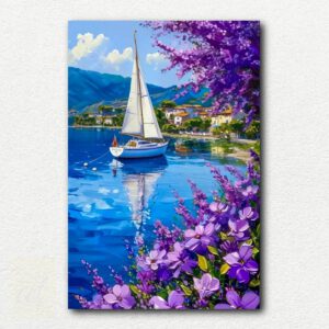 Stylized dark boat with single sail on calm purple sea under large full moon in purple sky paint by numbers design.