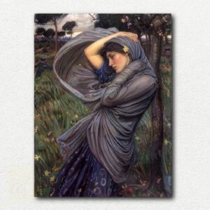 John William Waterhouse's Boreas painting showing a young woman in a flowing blue dress walking through a field of spring flowers, digital paint by numbers design.