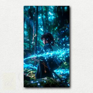 Muichiro Tokito from Demon Slayer holding his sword against a misty blue and green background in the paint by numbers design.