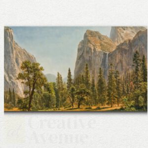 Painting design of Bridal Veil Falls in Yosemite Valley showing waterfall, cliffs, and tall trees under bright sky for paint by numbers kit.