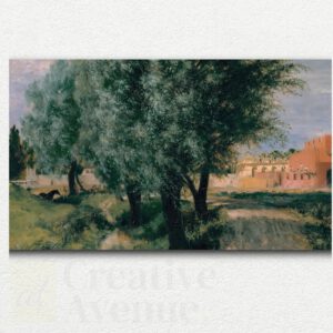 Painting design of Building Site with Willows showing a rustic building site with scaffolding and willow trees in a realistic style.