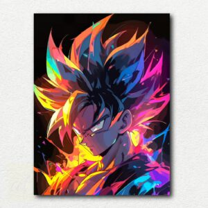 Abstract pop-art style portrait of Goku from Dragon Ball with bright pink, blue, yellow, and orange colors in a paint by numbers design.