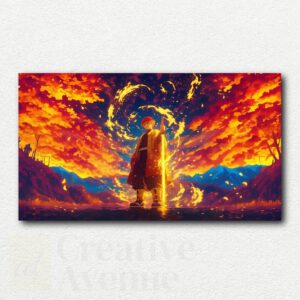 Paint by numbers kit design showing Zenitsu Agatsuma from Demon Slayer in an action pose surrounded by yellow lightning effects on a white background.