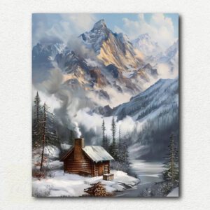 Digital paint by numbers design of a snow-covered log cabin with glowing window surrounded by pine trees under a blue winter sky.