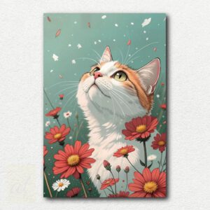 Paint by numbers kit design showing a calico cat sitting among colorful stylized flowers on a light background.