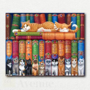 Whimsical fantasy painting Cat Shelf by Randal Spangler showing a crowded wooden bookshelf with cats, dragons, potion bottles, and glowing books.