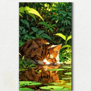 Tabby cat lying by a koi pond with lily pads and colorful fish, digital paint by numbers design on canvas.