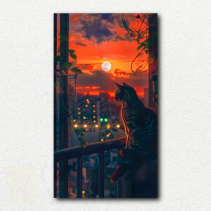 Paint by numbers design of a black cat silhouette sitting and looking at a vibrant dusk sky with pink, orange, yellow, and blue colors.