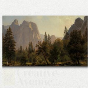 Landscape paint by numbers design of Cathedral Rocks with massive rock formations, calm river, and trees in Yosemite Valley.
