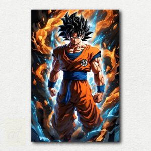 Digital paint by numbers design of Goku from Dragon Ball crouched charging a blue Kamehameha energy blast in orange gi on white background.