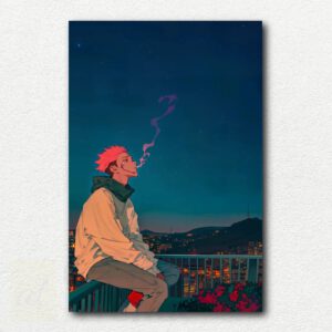 Soukouna from Jujutsu Kaisen in Dory's body smoking a cigarette at dusk on a Japanese school Balestra in paint by numbers design.