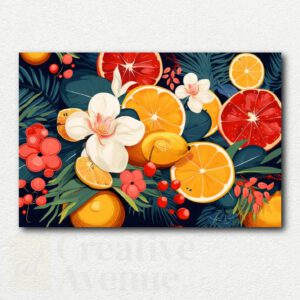 Stylized still life paint by numbers design with bright oranges, lemons, flowers, and a blue and white patterned vase on a colorful background.