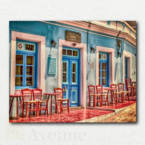 Original paint by numbers kit image of a colorful, stylized coffee shop interior with figures sitting at tables in bright colors.