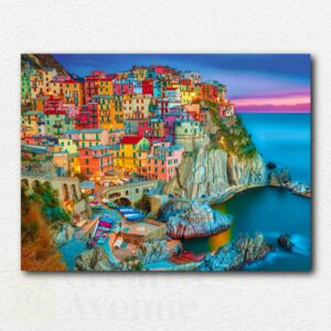 Abstract city skyline with colorful dripping streaks and reflections in blue, pink, yellow, green, red, black, and white on a white background, original paint by numbers design.