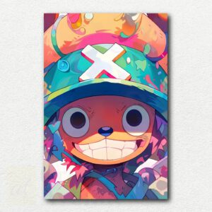 Pop-art style paint by numbers kit design of Tony Tony Chopper from One Piece with bright blocks of color on a white background.