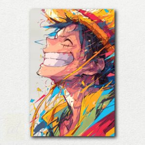 Colorful pop-art style portrait of Monkey D. Luffy from One Piece with bright blocks of red, blue, yellow, pink, black, white, and tan on a white background.