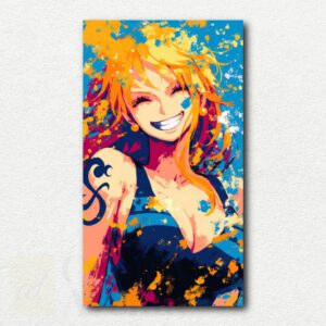 Pop-art style paint by numbers portrait of Nami from One Piece with bright blue, yellow, red, and orange color blocks on a white background.