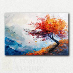 Stylized autumn path with colorful yellow, orange, and red trees and a small bridge crossing a stream in a paint by numbers design.
