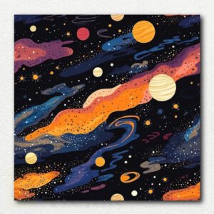 Unpainted Cosmic Symphony paint by numbers kit showing abstract swirling shapes of planets and celestial bodies on a numbered canvas.
